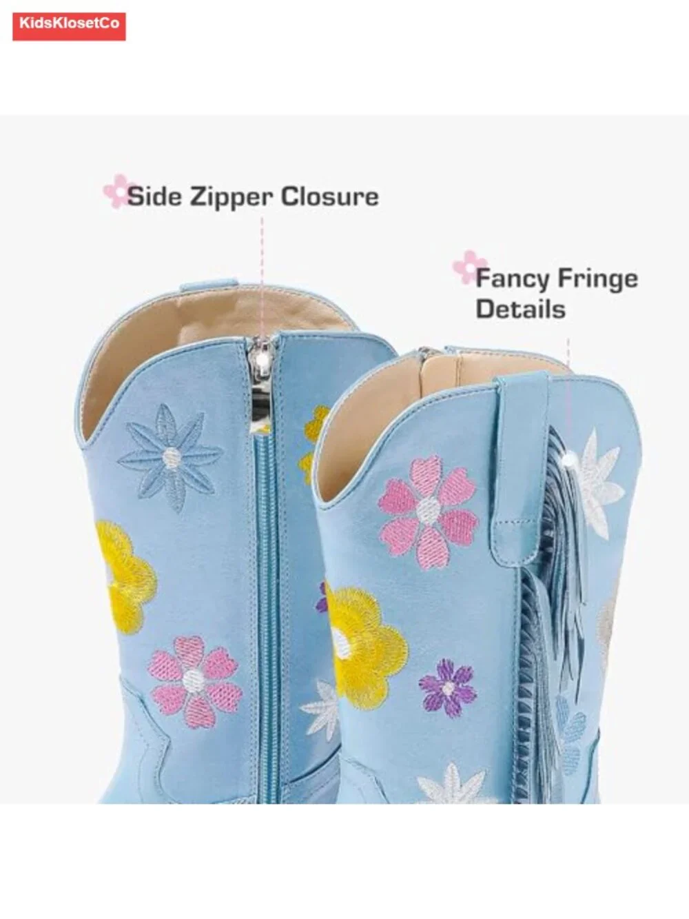 Floral Embroidered Fringe Cowgirl Boots with Side Zipper for Little Big Kids